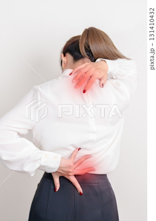 Business woman having back body ache for concepts of Back Muscle Strain, Piriformis Syndrome, Low Back Pain, Lumbar Disc Degeneration, Herniated, Osteoporosis, Spinal Compression and Office syndrome 131410432