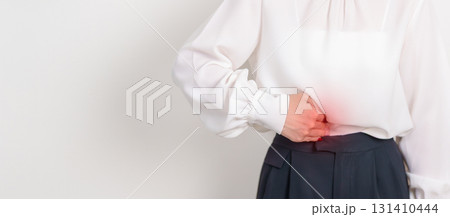 Business Woman having Pancreatitis for Pancreas pain and disease, Gallbladder, Bile Duct, Duodenum, Small intestine. Pancreatic cancer, Acute and Chronic pancreatitis, Digestive system and Health 131410444