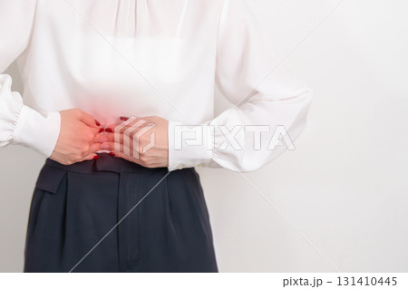 Business Woman having Pancreatitis for Pancreas pain and disease, Gallbladder, Bile Duct, Duodenum, Small intestine. Pancreatic cancer, Acute and Chronic pancreatitis, Digestive system and Health 131410445