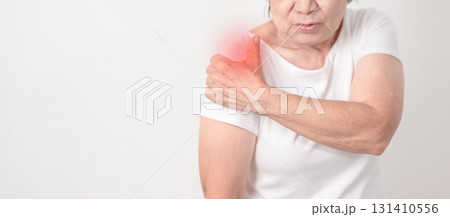 Elderly Woman having Shoulder Pain for Muscle Inflammation and Sprain, Myofascial ache syndrome and Fibromyalgia, Shoulder Myalgia, Scapular Tightness, Cervical Spine, Rheumatism and Health care Elderly Woman having Shoulder Pain for Muscle Inflammation and Sprain, Myofascial ache syndrome and Fibromyalgia, Shoulder Myalgia, Scapular Tightness, Cervical Spine, Rheumatism and Health care 131410556