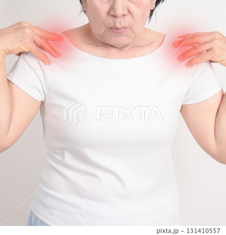 Elderly Woman having Shoulder Pain for Muscle Inflammation and Sprain, Myofascial ache syndrome and Fibromyalgia, Shoulder Myalgia, Scapular Tightness, Cervical Spine, Rheumatism and Health care 131410557