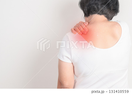 Elderly Woman having Shoulder Pain for Muscle Inflammation and Sprain, Myofascial ache syndrome and Fibromyalgia, Shoulder Myalgia, Scapular Tightness, Cervical Spine, Rheumatism and Health care Elderly Woman having Shoulder Pain for Muscle Inflammation and Sprain, Myofascial ache syndrome and Fibromyalgia, Shoulder Myalgia, Scapular Tightness, Cervical Spine, Rheumatism and Health care 131410559