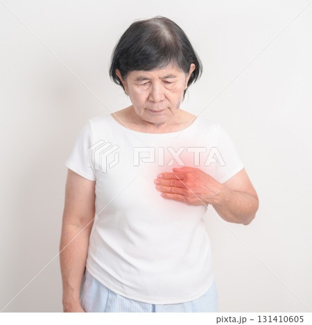 Elderly Woman having chest pain for Heart disease, angina disease and symptom heart attack disease Cardiovascular, Atherosclerosis, Hypertensive, Breast Cancer awareness, world Heart day and Health 131410605