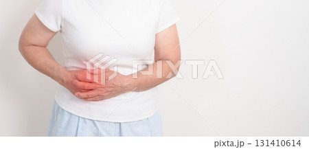 Elderly Woman having Pancreatitis for Pancreas pain and disease, Gallbladder, Bile Duct, Duodenum, Small intestine. Pancreatic cancer, Acute and Chronic pancreatitis, Digestive system and Health 131410614