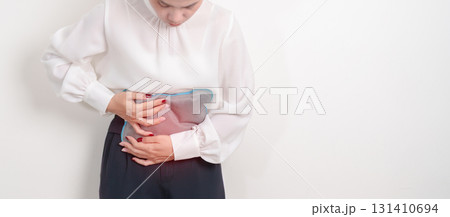 Menstruation period cycle of monthly and Stomachache concepts. woman having abdomen pain and menstrual ache with hot water bottle, illness female suffer from premenstrual ache and body Health problem 131410694