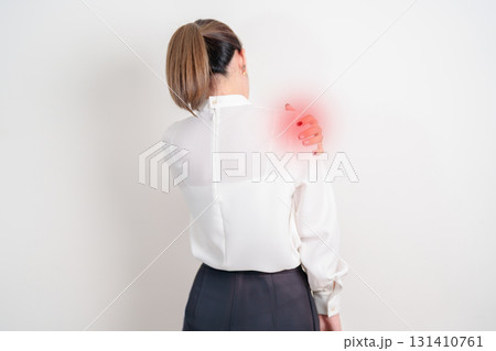 Business Woman having Shoulder Pain for Muscle Inflammation and Sprain, Myofascial ache syndrome and Fibromyalgia, Shoulder Myalgia, Scapular Tightness, Cervical Spine, Rheumatism and Office Syndrome Business Woman having Shoulder Pain for Muscle Inflammation and Sprain, Myofascial ache syndrome and Fibromyalgia, Shoulder Myalgia, Scapular Tightness, Cervical Spine, Rheumatism and Office Syndrome 131410761
