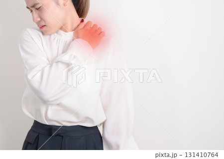 Business Woman having Shoulder Pain for Muscle Inflammation and Sprain, Myofascial ache syndrome and Fibromyalgia, Shoulder Myalgia, Scapular Tightness, Cervical Spine, Rheumatism and Office Syndrome 131410764