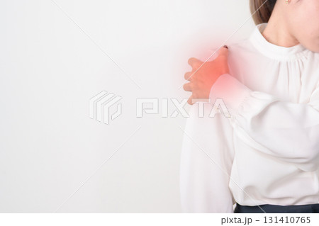 Business Woman having Shoulder Pain for Muscle Inflammation and Sprain, Myofascial ache syndrome and Fibromyalgia, Shoulder Myalgia, Scapular Tightness, Cervical Spine, Rheumatism and Office Syndrome Business Woman having Shoulder Pain for Muscle Inflammation and Sprain, Myofascial ache syndrome and Fibromyalgia, Shoulder Myalgia, Scapular Tightness, Cervical Spine, Rheumatism and Office Syndrome 131410765