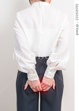 Business Woman having Anal symptoms pain for Hemorrhoids disease, Constipation, Anal cancer awareness month, diarrhea, Irritable Bowel Syndrome, IBS, Inflammation, Colorectal cancer and Anal Procttis Business Woman having Anal symptoms pain for Hemorrhoids disease, Constipation, Anal cancer awareness month, diarrhea, Irritable Bowel Syndrome, IBS, Inflammation, Colorectal cancer and Anal Procttis 131410793