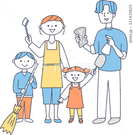掃除道具を持った家族 131410825