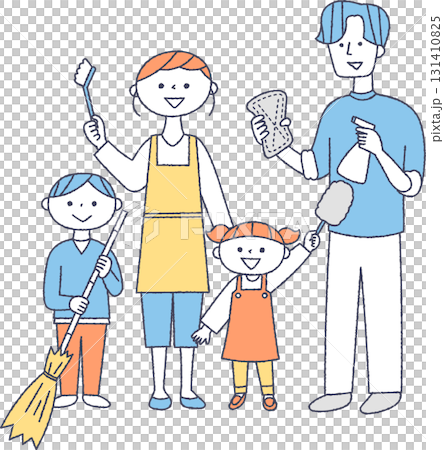 掃除道具を持った家族 131410825