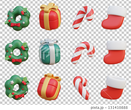 cartoon style christmas 3D Icon Set wreath, gift box, candy cane, santa socks cartoon style christmas 3D Icon Set wreath, gift box, candy cane, santa socks 131410888