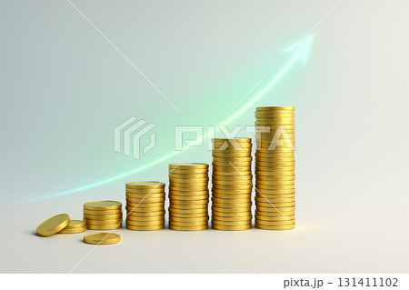 株価上昇のコンセプト｜積み上がるコインと上昇カーブ｜金融成功イメージ 131411102