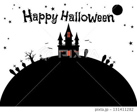秋　ハロウィン　不気味な館と墓場のフレーム　文字・月・星 131411282
