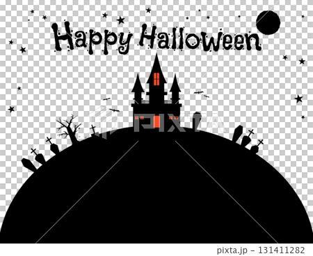 秋　ハロウィン　不気味な館と墓場のフレーム　文字・月・星 131411282