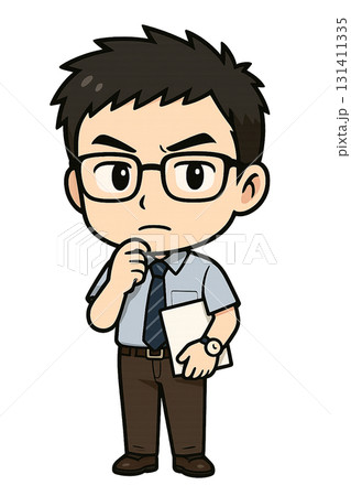 プレゼン資料を持って顎に手をあてて真剣に考えている様子の眼鏡をかけたビジネスマン 131411335