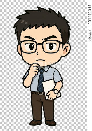 一位戴著眼鏡的商人，手托著下巴，手裡拿著一份示範文件，認真思考著 131411335