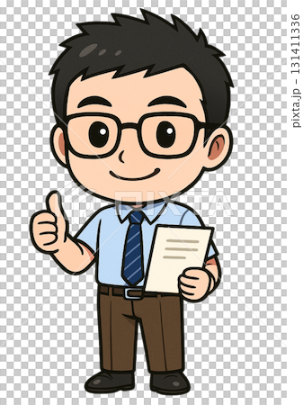 プレゼン資料を持って手で「いいね」のジェスチャーをしている眼鏡をかけたビジネスマン 131411336