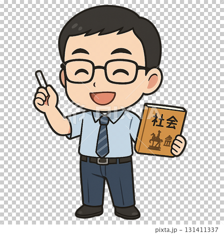A male teacher with glasses teaching a class while smiling and pointing at a social studies textbook 131411337