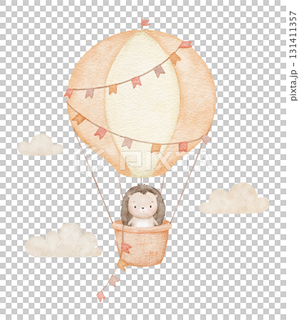 Hot air balloon with cute baby hedgehog and clouds. Watercolor isolated illustration for kids 131411357