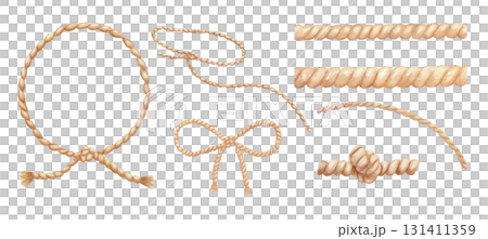 Rope with knot, lasso and ribbon watercolour isolated illustration, texture drawings set Rope with knot, lasso and ribbon watercolour isolated illustration, texture drawings set 131411359