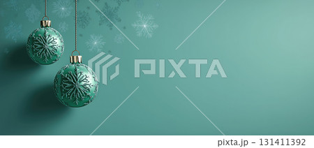Elegant green ornaments with snowflakes on teal background Elegant green ornaments with snowflakes on teal background 131411392