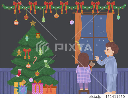 窓辺で雪景色を眺める男の子と女の子のイラスト 131411430