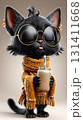 Stylish black cat in sunglasses and cozy sweater sipping smoothie with charm 131411668