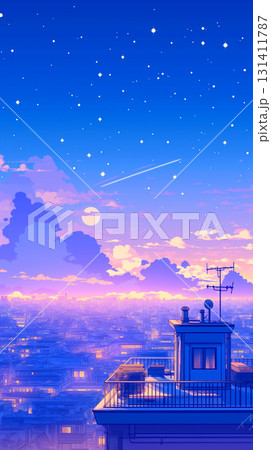 ノスタルジックな雰囲気漂うレトロポップな街並み|星と雲が舞う夜空が美しい1980年代アニメ調の幻想 ノスタルジックな雰囲気漂うレトロポップな街並み|星と雲が舞う夜空が美しい1980年代アニメ調の幻想 131411787