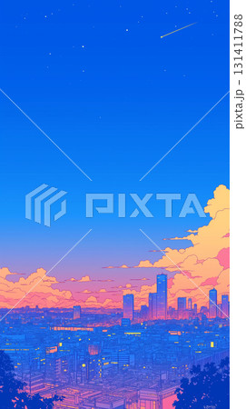 ノスタルジックな雰囲気漂うレトロポップな街並み|星と雲が舞う夜空が美しい1980年代アニメ調の幻想 ノスタルジックな雰囲気漂うレトロポップな街並み|星と雲が舞う夜空が美しい1980年代アニメ調の幻想 131411788