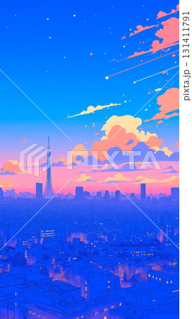 ノスタルジックな雰囲気漂うレトロポップな街並み｜星と雲が舞う夜空が美しい1980年代アニメ調の幻想 131411791