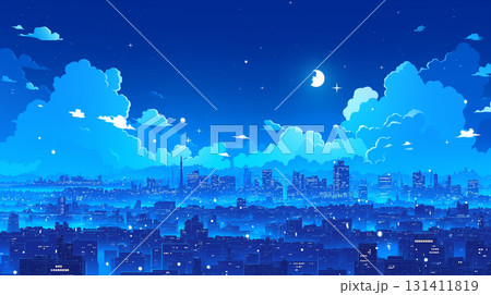 ファンタジックな星空と雲、80年代テイストのレトロポップな夜の街を描いたアニメ風2Dイラスト素材 ファンタジックな星空と雲、80年代テイストのレトロポップな夜の街を描いたアニメ風2Dイラスト素材 131411819
