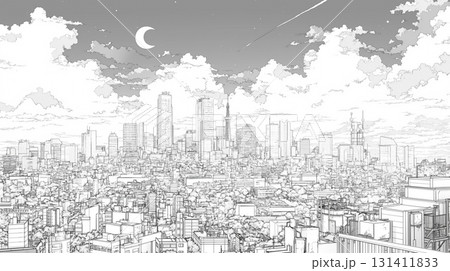 夜空に瞬く星と浮かぶ雲、1980年代レトロポップ調の街並みを描いた幻想的な2Dアニメ風夜景イラスト 131411833
