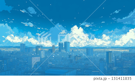 星と雲が漂う1980年代風の夜景｜レトロポップな色彩とネオンライトが輝く街並みを描いた幻想的 131411835