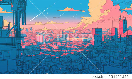 80sアニメ風レトロポップイラスト｜ネオンに照らされる夜の街と星空、流れる雲が描く幻想的な2Dアート 131411839