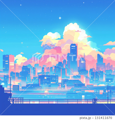 夜空に瞬く星と浮かぶ雲、1980年代レトロポップ調の街並みを描いた幻想的な2Dアニメ風夜景イラスト 131411870