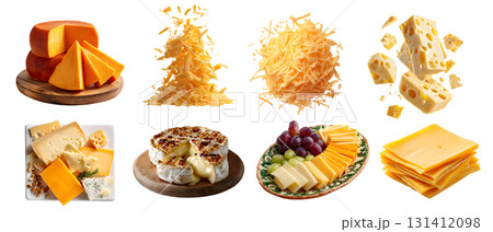 Set of cheese, coagulated dairy milk slices pieces halved, serving board, platter plate. Cheddar, mozzarella, grated, blue, Parmesan, transparent cutout PNG. Many different flavour texture. Mockup 131412098