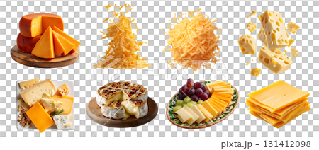 Set of cheese, coagulated dairy milk slices pieces halved, serving board, platter plate. Cheddar, mozzarella, grated, blue, Parmesan, transparent cutout PNG. Many different flavour texture. Mockup 131412098