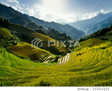 Stunning layered rice terraces cascading down a mountainside, Peaceful rural setting with expansive rice terraces. AI Generated. 131412223
