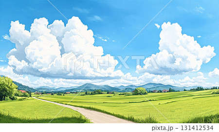 Peaceful Rice Fields in a Countryside. summer season, rice field, beautiful clouds. Watercolor style. AI Generated. 131412534