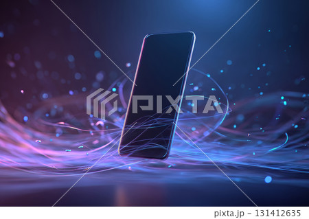 Modern smartphone with abstract digital light trails on dark background 131412635