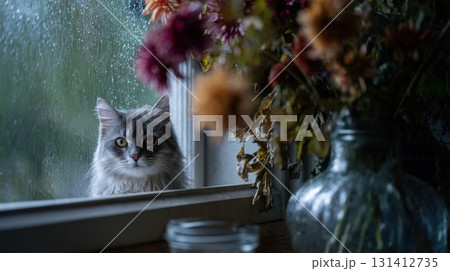 Silent farewell with flowers and a cat by the rainy window, tender and sorrowful mood 131412735