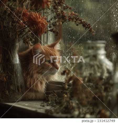 Silent farewell with flowers and a cat by the rainy window, tender and sorrowful mood 131412749