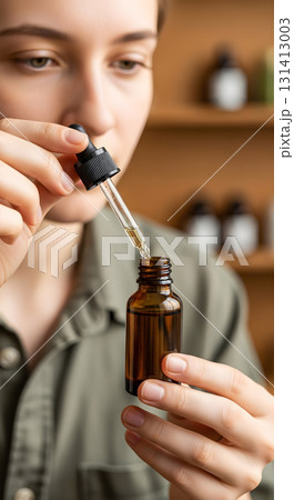 Woman applying serum or oil with dropper from bottle Woman applying serum or oil with dropper from bottle 131413003