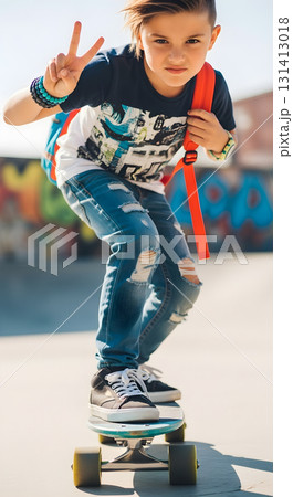Cool kid skateboarding with peace sign at skate park Cool kid skateboarding with peace sign at skate park 131413018
