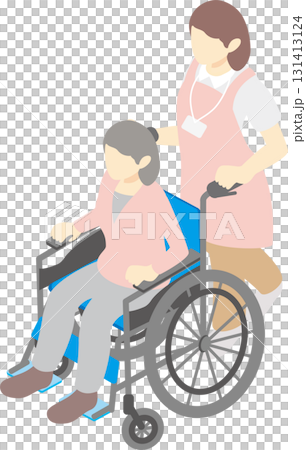 介護・福祉のアイソメトリックイラスト:車椅子とヘルパー 介護・福祉のアイソメトリックイラスト:車椅子とヘルパー 131413124