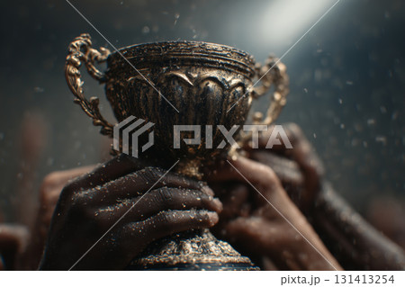 Celebrating victory with a shining trophy in a thrilling sports event 131413254