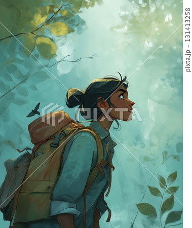 Solo female backpacker exploring a serene forest under soft sunlight 131413258