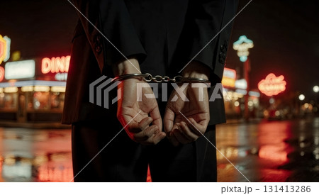 A person's hands being cuffed behind their back. Arrest, law enforcement, punishment, legal consequences. 131413286