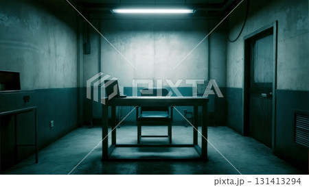 An empty, dimly lit interrogation room with a single chair. Interrogation, psychological thriller, suspenseful scene, legal. An empty, dimly lit interrogation room with a single chair. Interrogation, psychological thriller, suspenseful scene, legal. 131413294